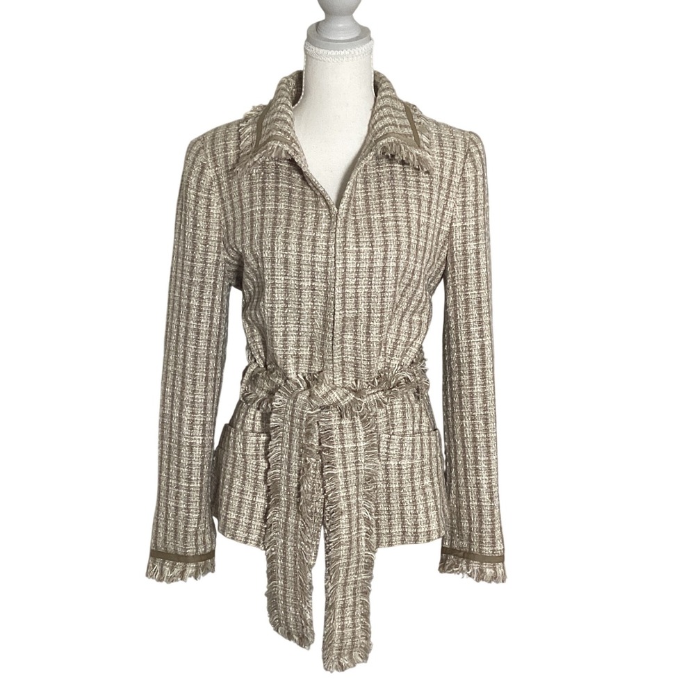 Zara Tweed Fringe Jacket Womens Large Tan Minimalist Preppy Boho Chic Belted